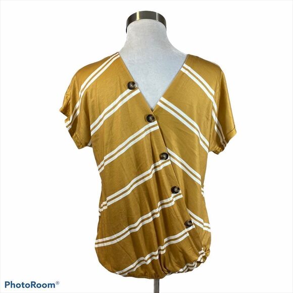 Striped Mustard Button Back Short Sleeved Blouse - Picture 9 of 9